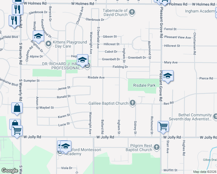 map of restaurants, bars, coffee shops, grocery stores, and more near 4501 Ballard Road in Lansing