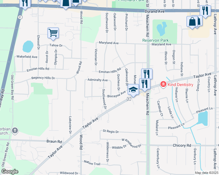 map of restaurants, bars, coffee shops, grocery stores, and more near 3702 Princess Place in Racine