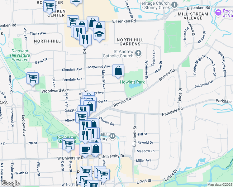map of restaurants, bars, coffee shops, grocery stores, and more near 342 Terry Avenue in Rochester