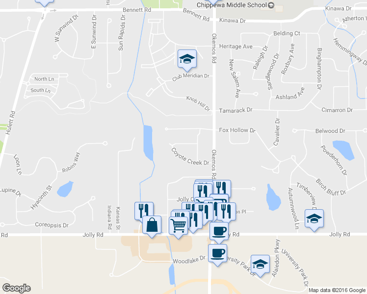 map of restaurants, bars, coffee shops, grocery stores, and more near 2321 Taos Trail in Meridian charter Township