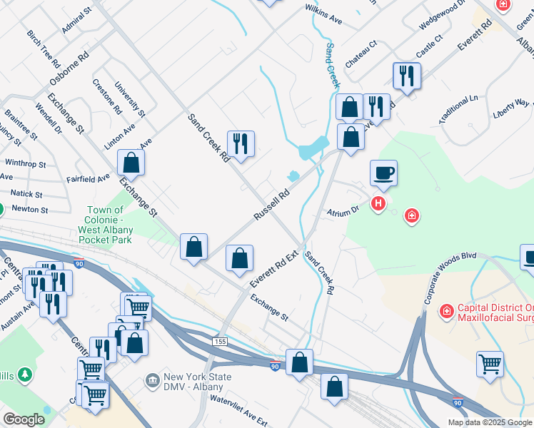 map of restaurants, bars, coffee shops, grocery stores, and more near 50 Sand Creek Road in Albany