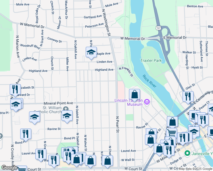 map of restaurants, bars, coffee shops, grocery stores, and more near 557 North Chatham Street in Janesville