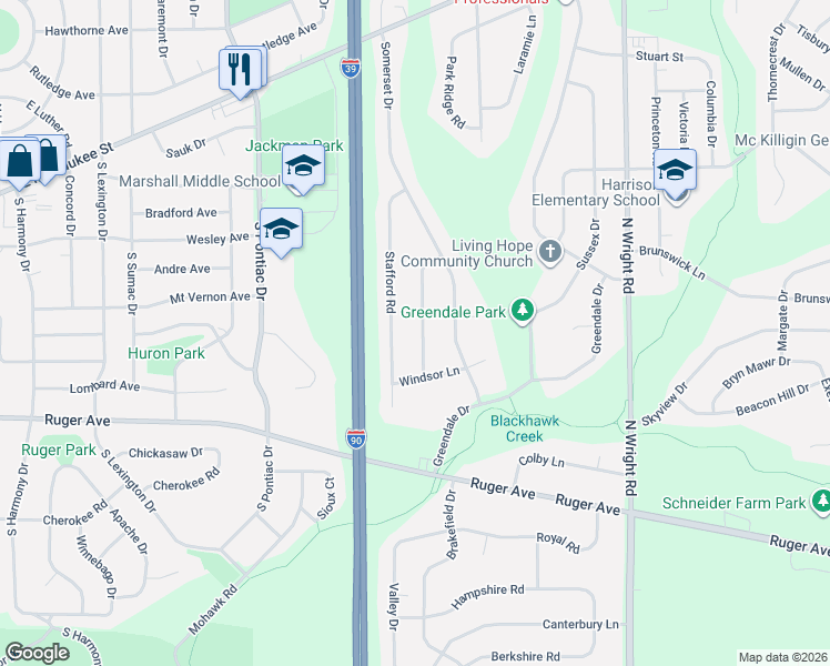 map of restaurants, bars, coffee shops, grocery stores, and more near 539 Wexford Road in Janesville
