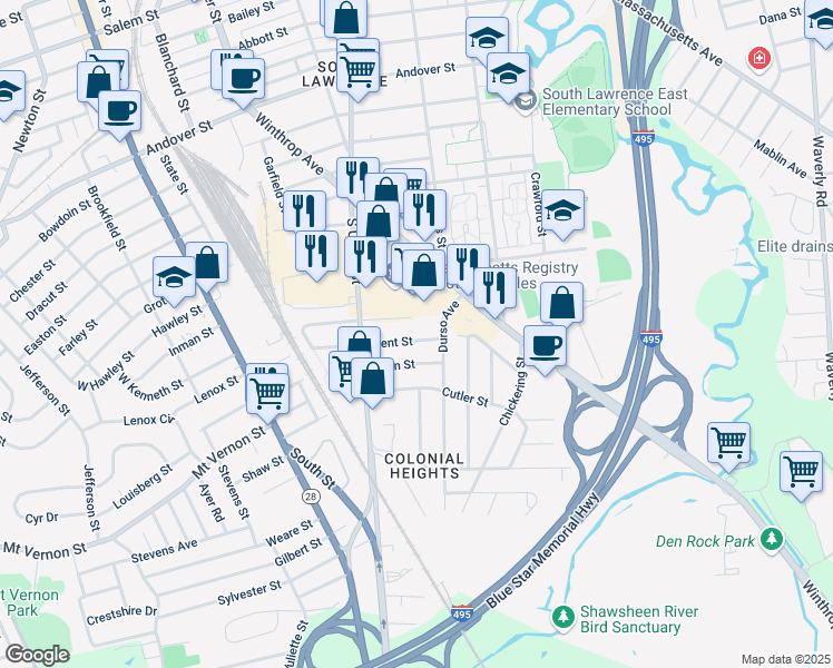 map of restaurants, bars, coffee shops, grocery stores, and more near 7 Kent Street in Lawrence