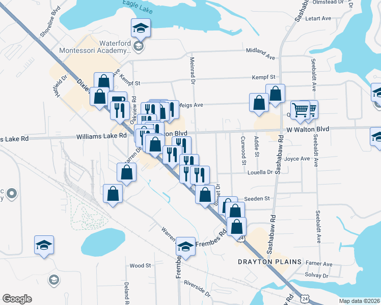 map of restaurants, bars, coffee shops, grocery stores, and more near 3425 Meinrad Drive in Waterford Township