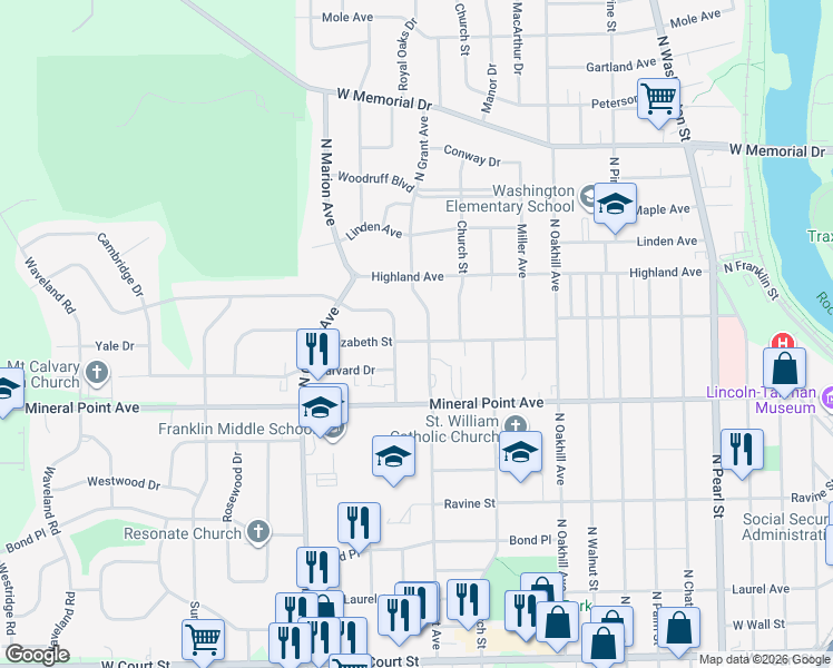 map of restaurants, bars, coffee shops, grocery stores, and more near 2206 Elizabeth Street in Janesville
