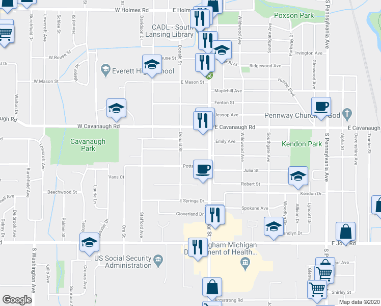 map of restaurants, bars, coffee shops, grocery stores, and more near 318 East Everettdale Avenue in Lansing