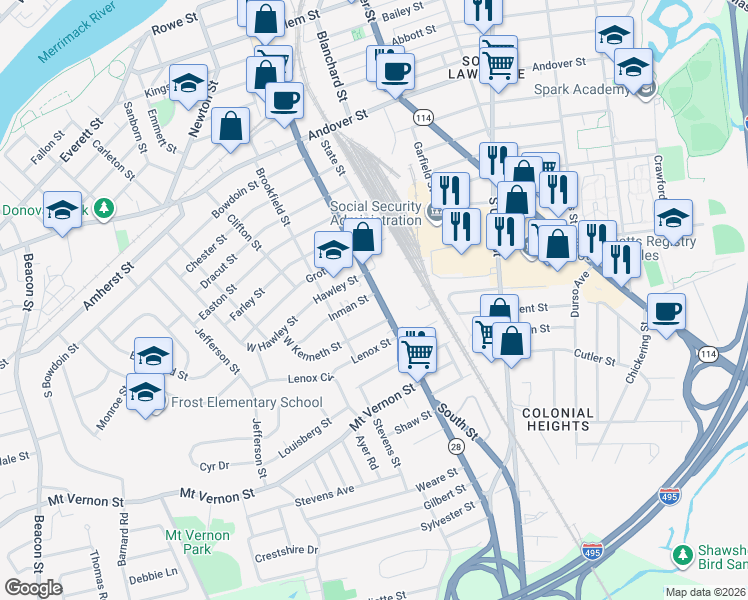 map of restaurants, bars, coffee shops, grocery stores, and more near 341 South Broadway in Lawrence