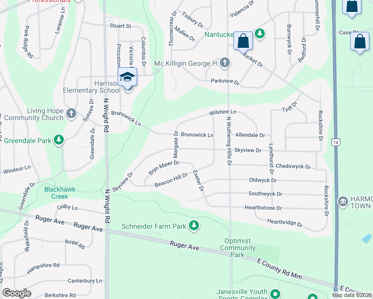 map of restaurants, bars, coffee shops, grocery stores, and more near 3918 Skyview Drive in Janesville