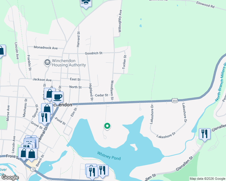 map of restaurants, bars, coffee shops, grocery stores, and more near 35 Woodlawn Street in Winchendon
