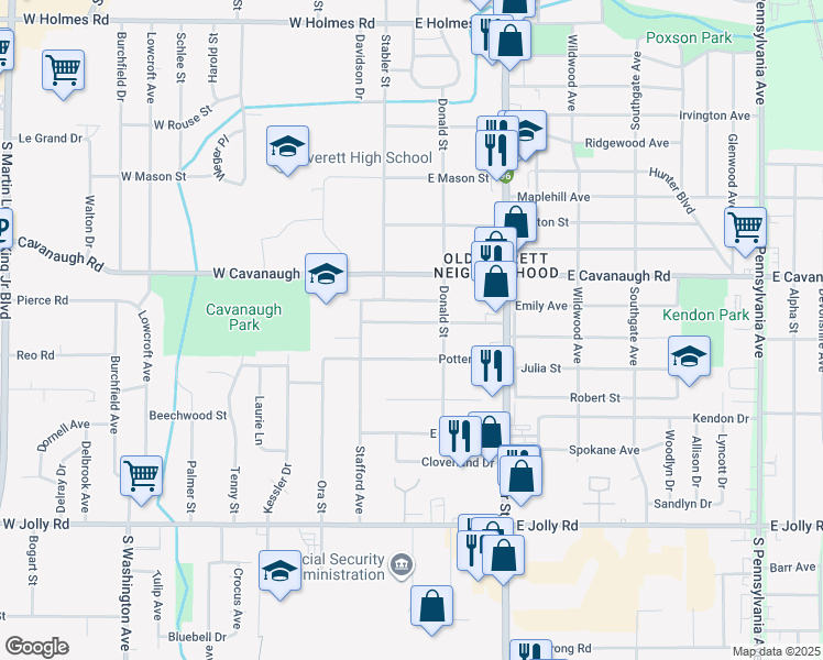 map of restaurants, bars, coffee shops, grocery stores, and more near 124 East Everettdale Avenue in Lansing