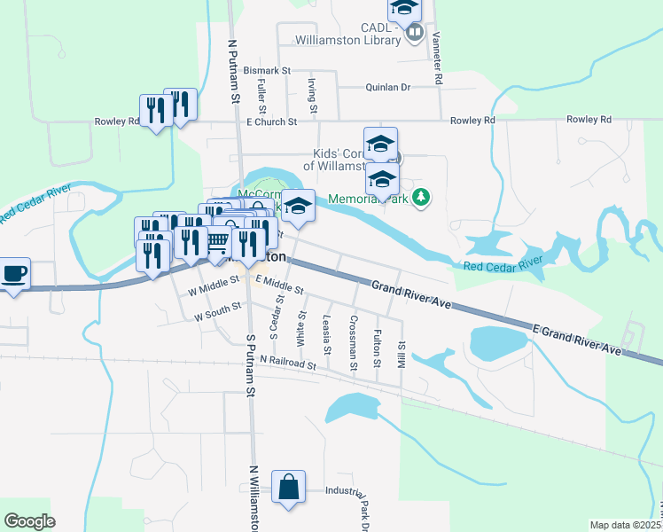 map of restaurants, bars, coffee shops, grocery stores, and more near 331 East Grand River Avenue in Williamston
