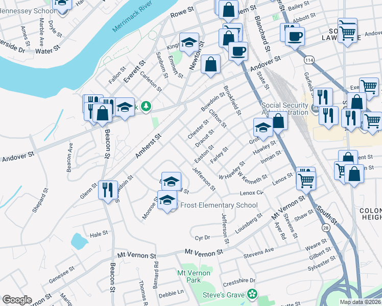 map of restaurants, bars, coffee shops, grocery stores, and more near 17 Dunstable Street in Lawrence