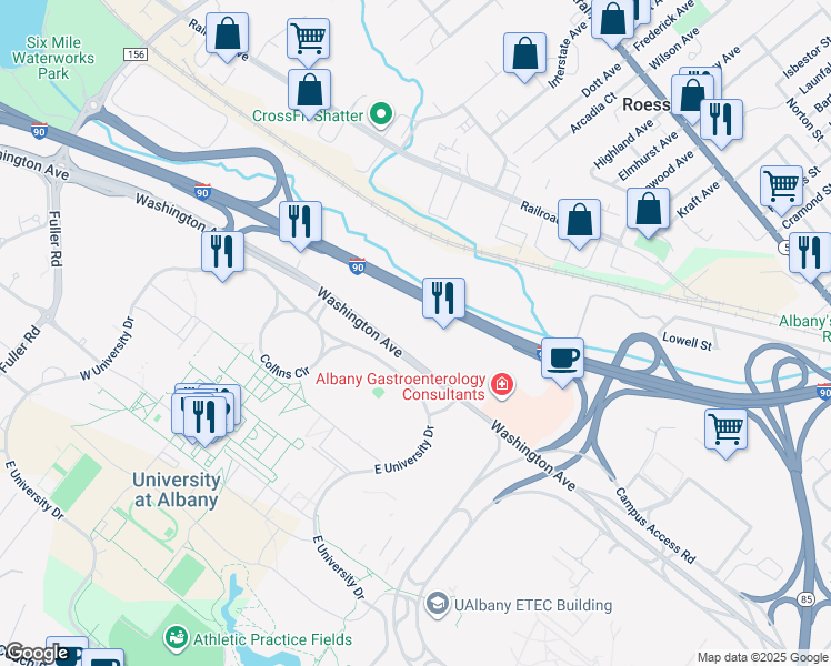 map of restaurants, bars, coffee shops, grocery stores, and more near 1395 Washington Avenue in Albany