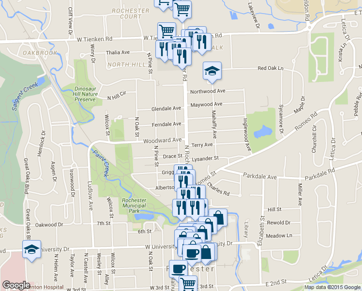 map of restaurants, bars, coffee shops, grocery stores, and more near 1031 North Main Street in Rochester