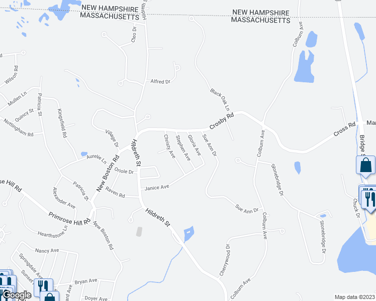 map of restaurants, bars, coffee shops, grocery stores, and more near 46 Stephen Avenue in Dracut