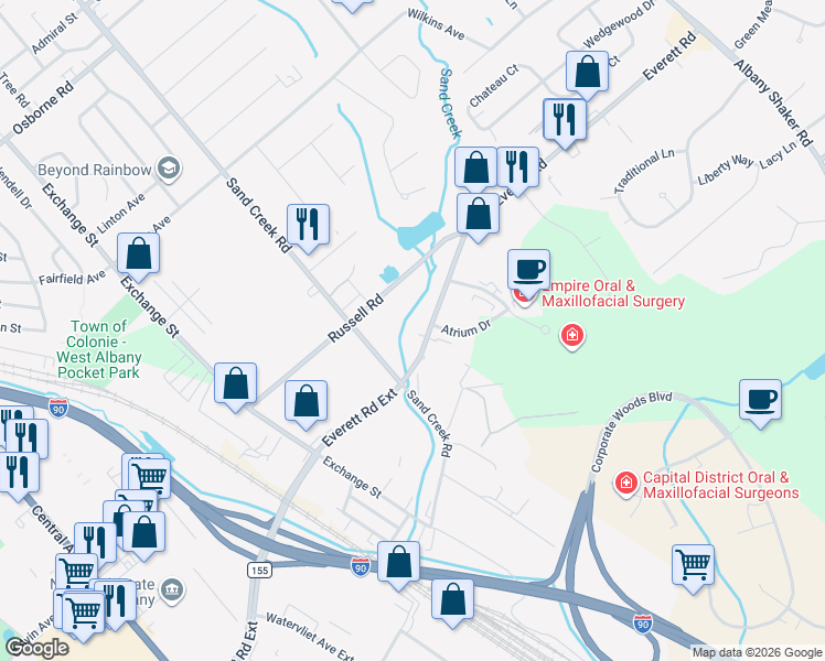 map of restaurants, bars, coffee shops, grocery stores, and more near 22 Everett Road in Albany