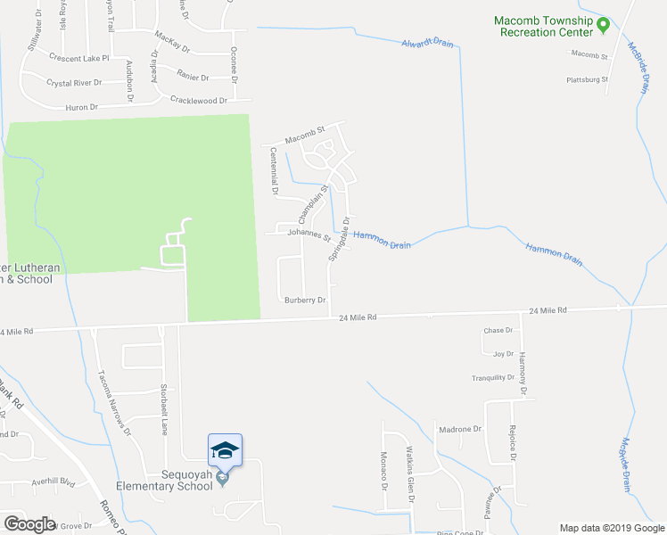 map of restaurants, bars, coffee shops, grocery stores, and more near 53226 Springdale Drive in Macomb
