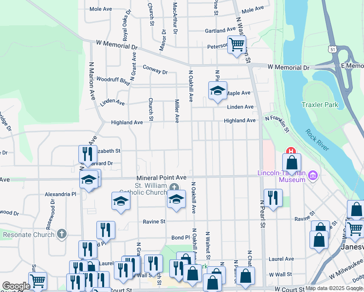 map of restaurants, bars, coffee shops, grocery stores, and more near 1816 Elizabeth Street in Janesville