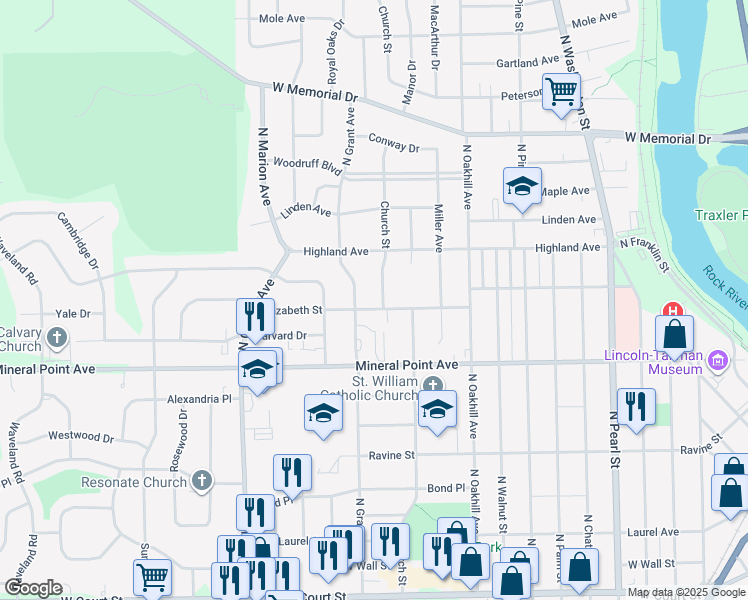 map of restaurants, bars, coffee shops, grocery stores, and more near 2104 Elizabeth Street in Janesville