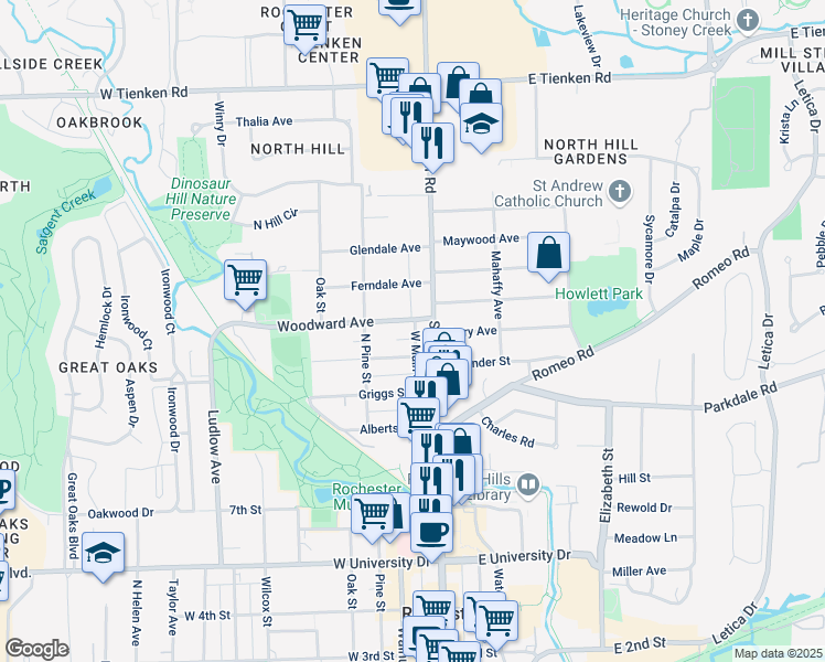 map of restaurants, bars, coffee shops, grocery stores, and more near 1031 North Main Street in Rochester