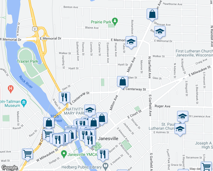 map of restaurants, bars, coffee shops, grocery stores, and more near 421 Eisenhower Avenue in Janesville
