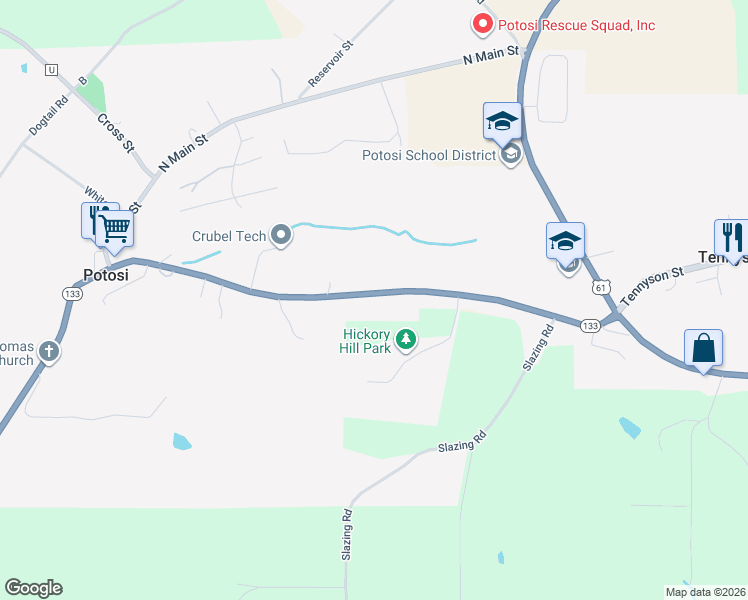 map of restaurants, bars, coffee shops, grocery stores, and more near 153 Great River Road in Potosi