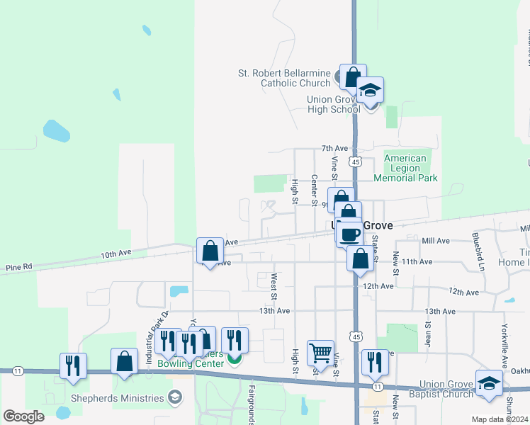map of restaurants, bars, coffee shops, grocery stores, and more near 1440 Park Place in Union Grove