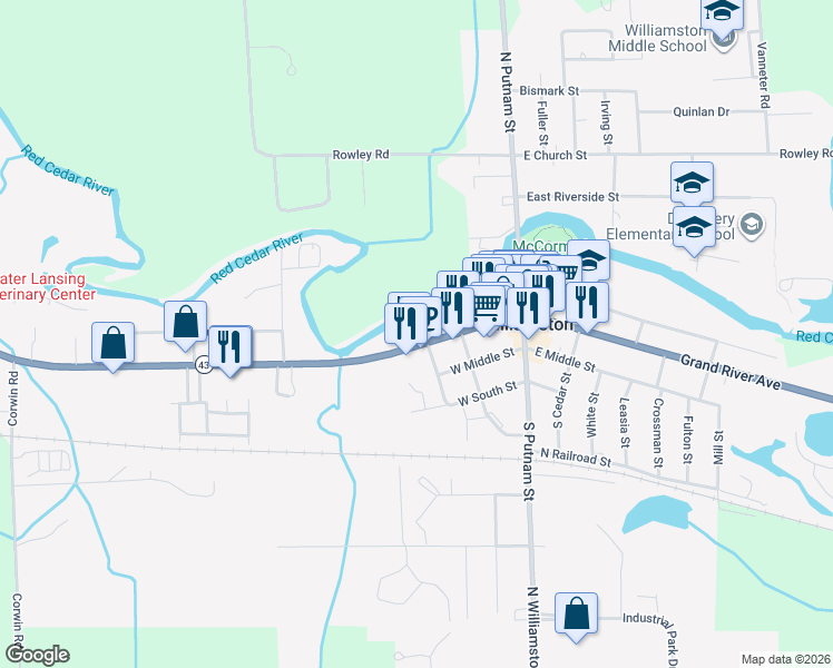 map of restaurants, bars, coffee shops, grocery stores, and more near 324 West Grand River Avenue in Williamston