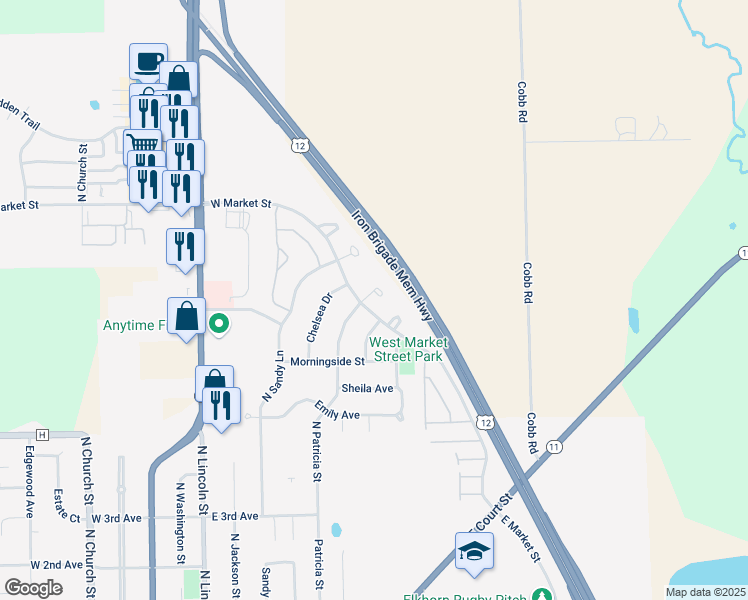 map of restaurants, bars, coffee shops, grocery stores, and more near 901 Patricia Street in Elkhorn