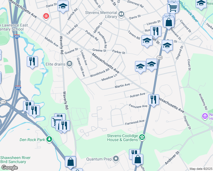 map of restaurants, bars, coffee shops, grocery stores, and more near 85 Martin Avenue in North Andover