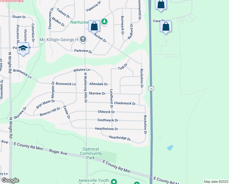 map of restaurants, bars, coffee shops, grocery stores, and more near 4307 Skyview Drive in Janesville