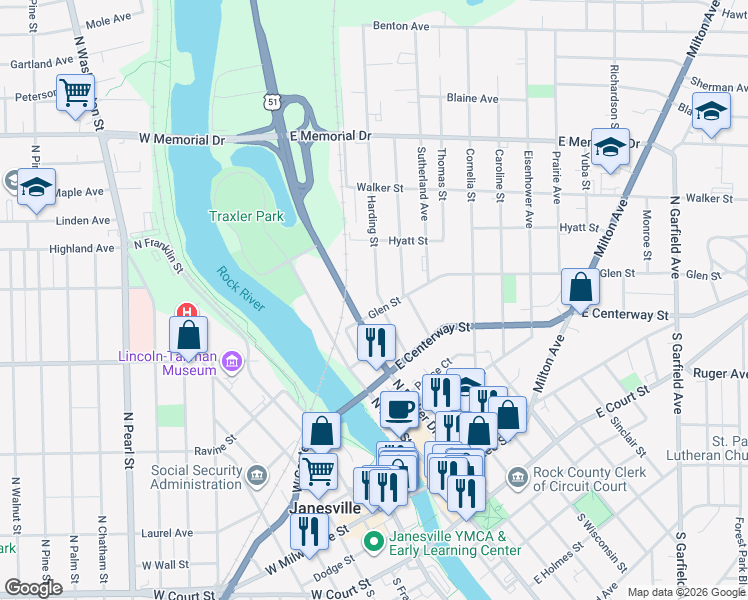 map of restaurants, bars, coffee shops, grocery stores, and more near 221 Glen Street in Janesville