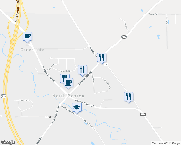 map of restaurants, bars, coffee shops, grocery stores, and more near 5745 Herman Hill Road in Hamburg