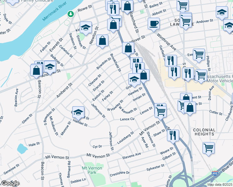 map of restaurants, bars, coffee shops, grocery stores, and more near 79 Groton Street in Lawrence
