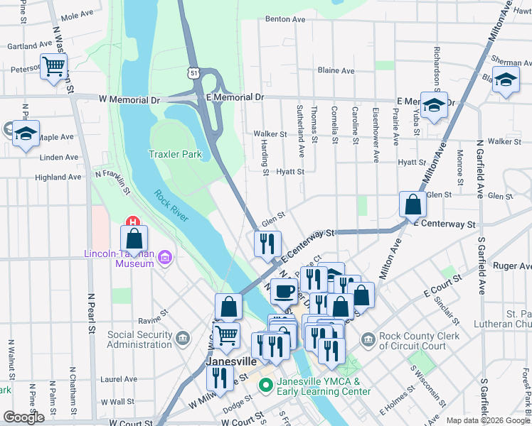 map of restaurants, bars, coffee shops, grocery stores, and more near 221 Glen Street in Janesville