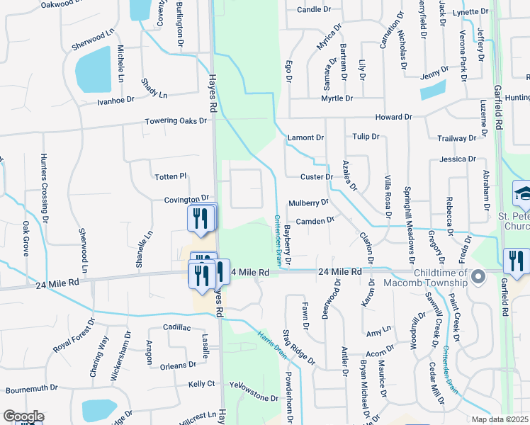 map of restaurants, bars, coffee shops, grocery stores, and more near 15438 Piermont Drive in Macomb