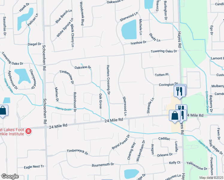 map of restaurants, bars, coffee shops, grocery stores, and more near 53374 Hunters Crossing Drive in Macomb County