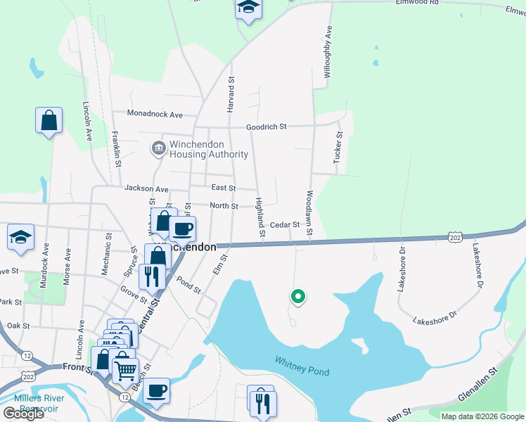 map of restaurants, bars, coffee shops, grocery stores, and more near 37 Highland Street in Winchendon