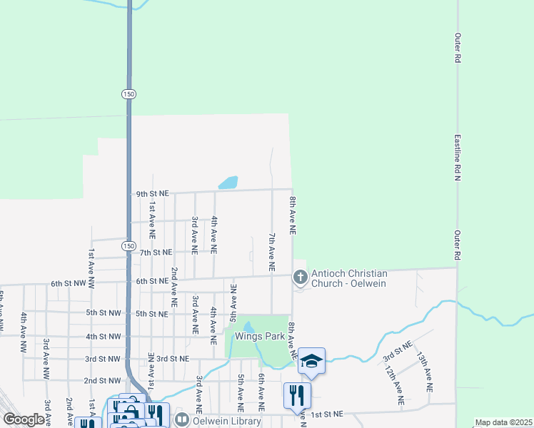 map of restaurants, bars, coffee shops, grocery stores, and more near 800 7th Avenue Northeast in Oelwein