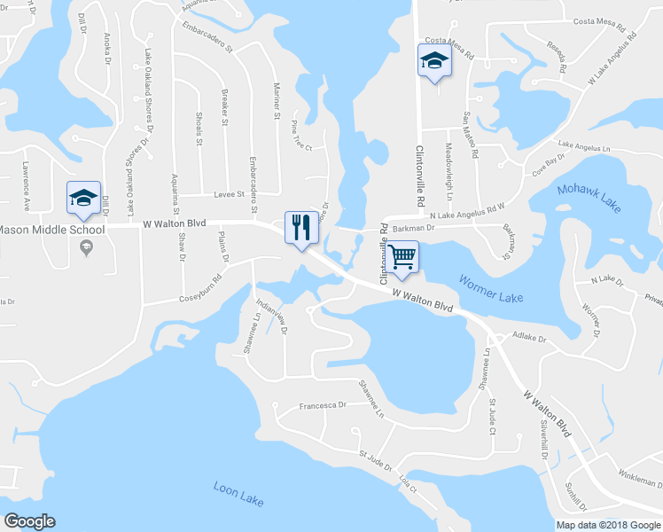 map of restaurants, bars, coffee shops, grocery stores, and more near 3206 West Walton Boulevard in Waterford Township
