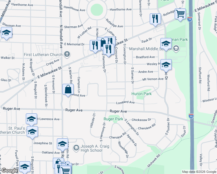 map of restaurants, bars, coffee shops, grocery stores, and more near 70 South Harmony Drive in Janesville