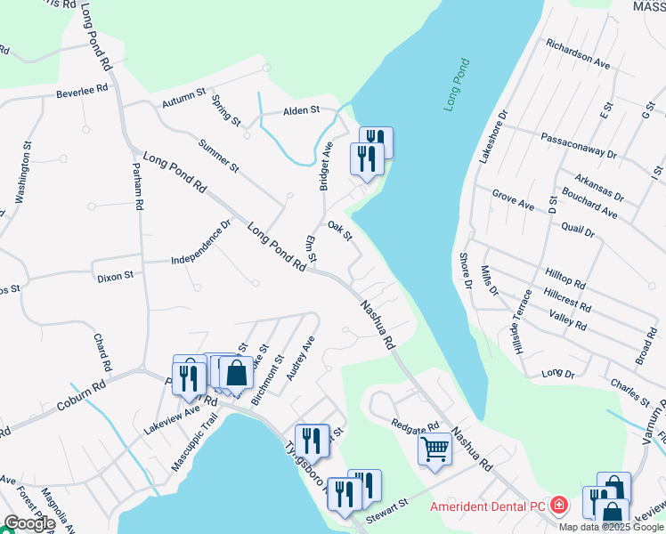 map of restaurants, bars, coffee shops, grocery stores, and more near 5 Long Pond Road in Tyngsborough