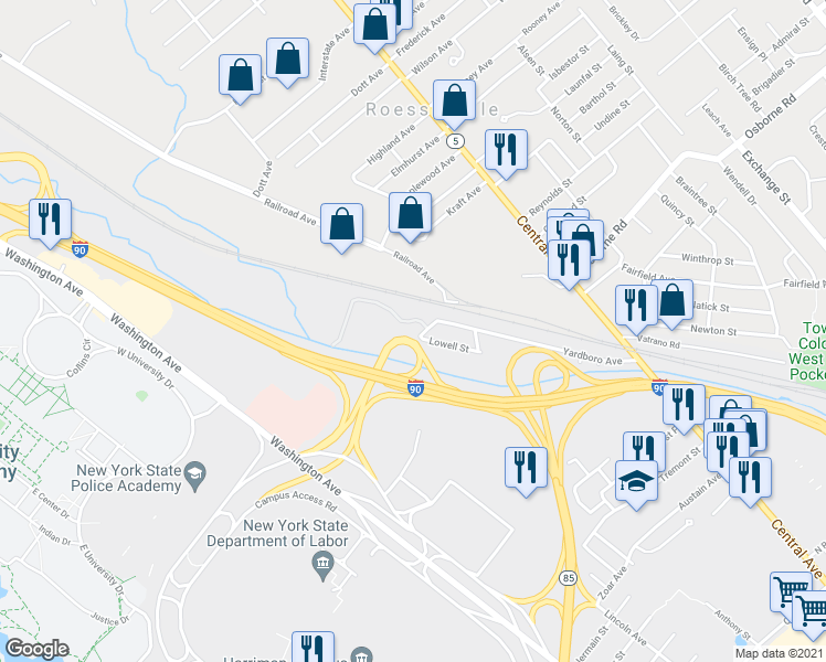 map of restaurants, bars, coffee shops, grocery stores, and more near 16 Kneeland Street in Albany