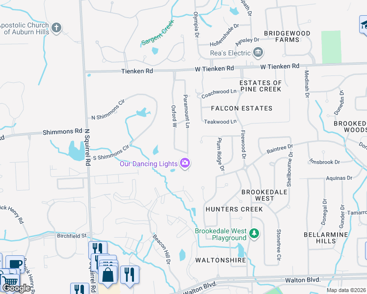 map of restaurants, bars, coffee shops, grocery stores, and more near 3169 Paramount Lane in Auburn Hills