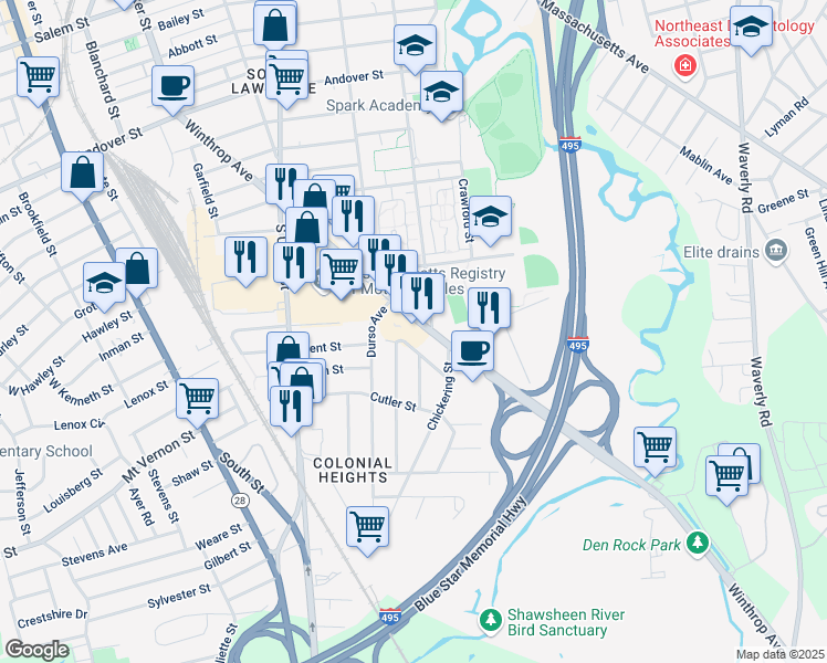 map of restaurants, bars, coffee shops, grocery stores, and more near 15 Patton Street in Lawrence