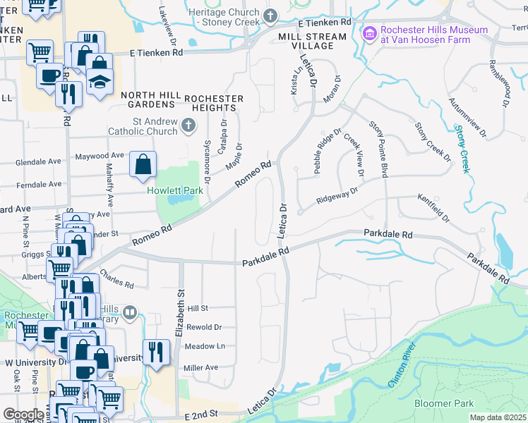 map of restaurants, bars, coffee shops, grocery stores, and more near 1139 Churchill Circle in Rochester