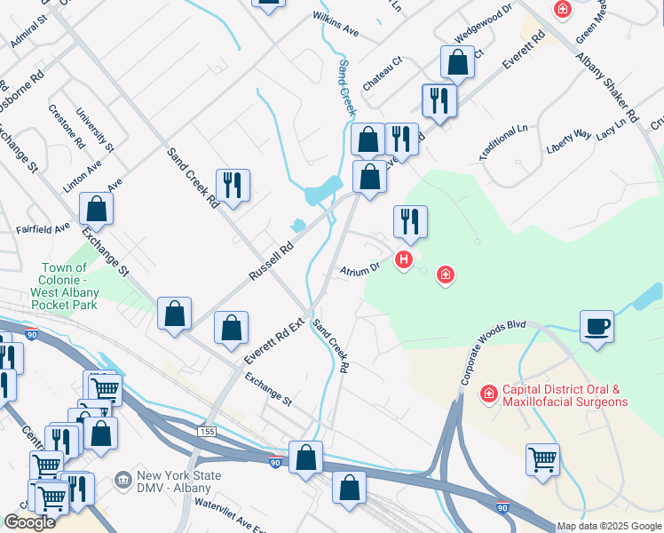 map of restaurants, bars, coffee shops, grocery stores, and more near County Road 155 in Albany
