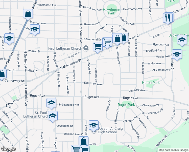 map of restaurants, bars, coffee shops, grocery stores, and more near 40 Campus Lane in Janesville