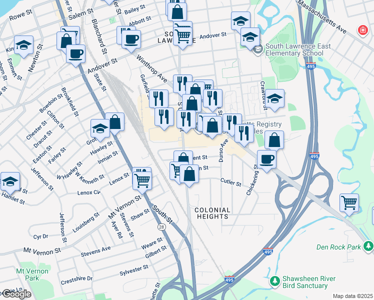 map of restaurants, bars, coffee shops, grocery stores, and more near 111 Common Street in Lawrence